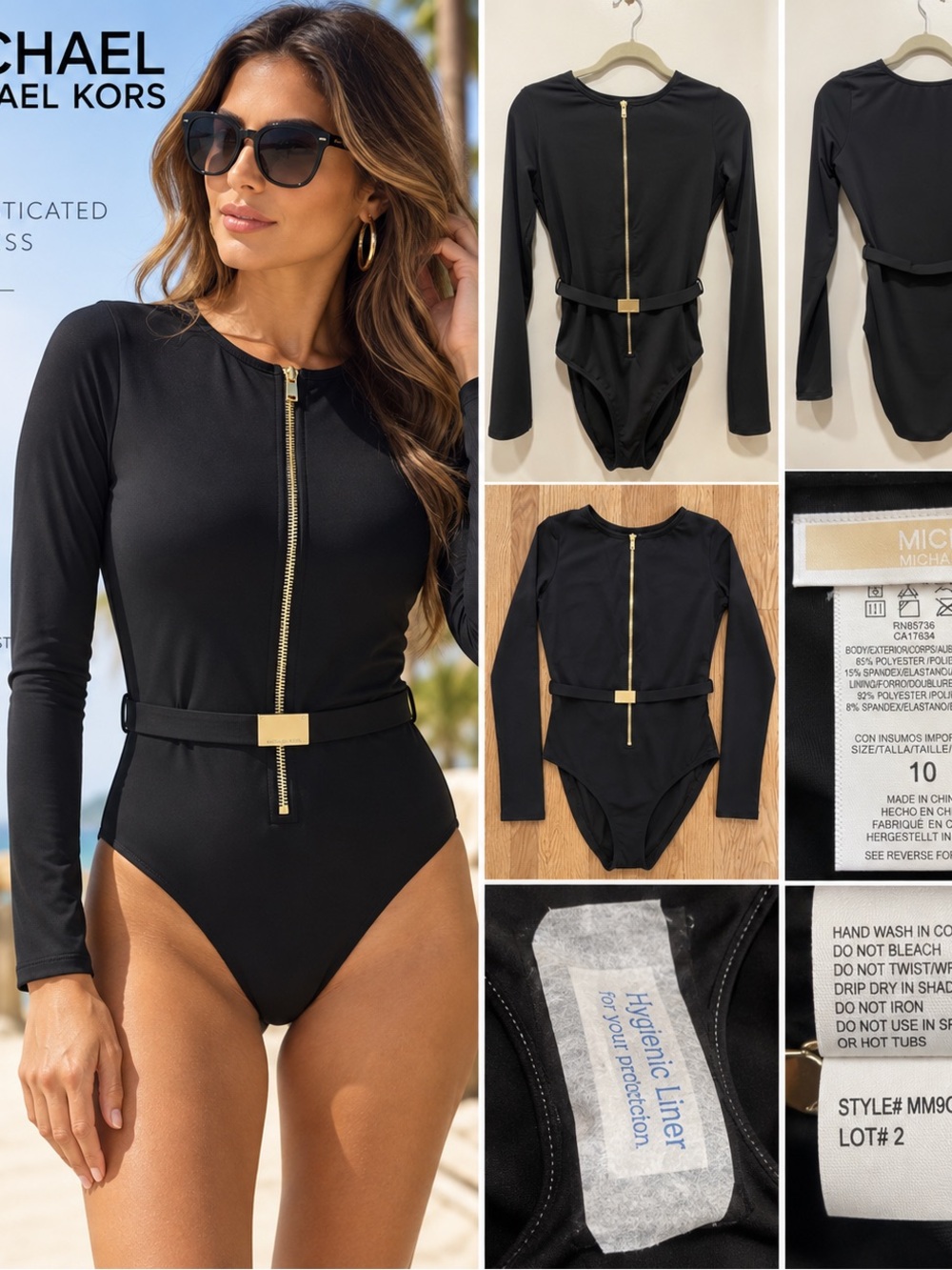 MICHAEL Michael Kors Black Belted Long Sleeve One Piece Swimsuit Sz 10